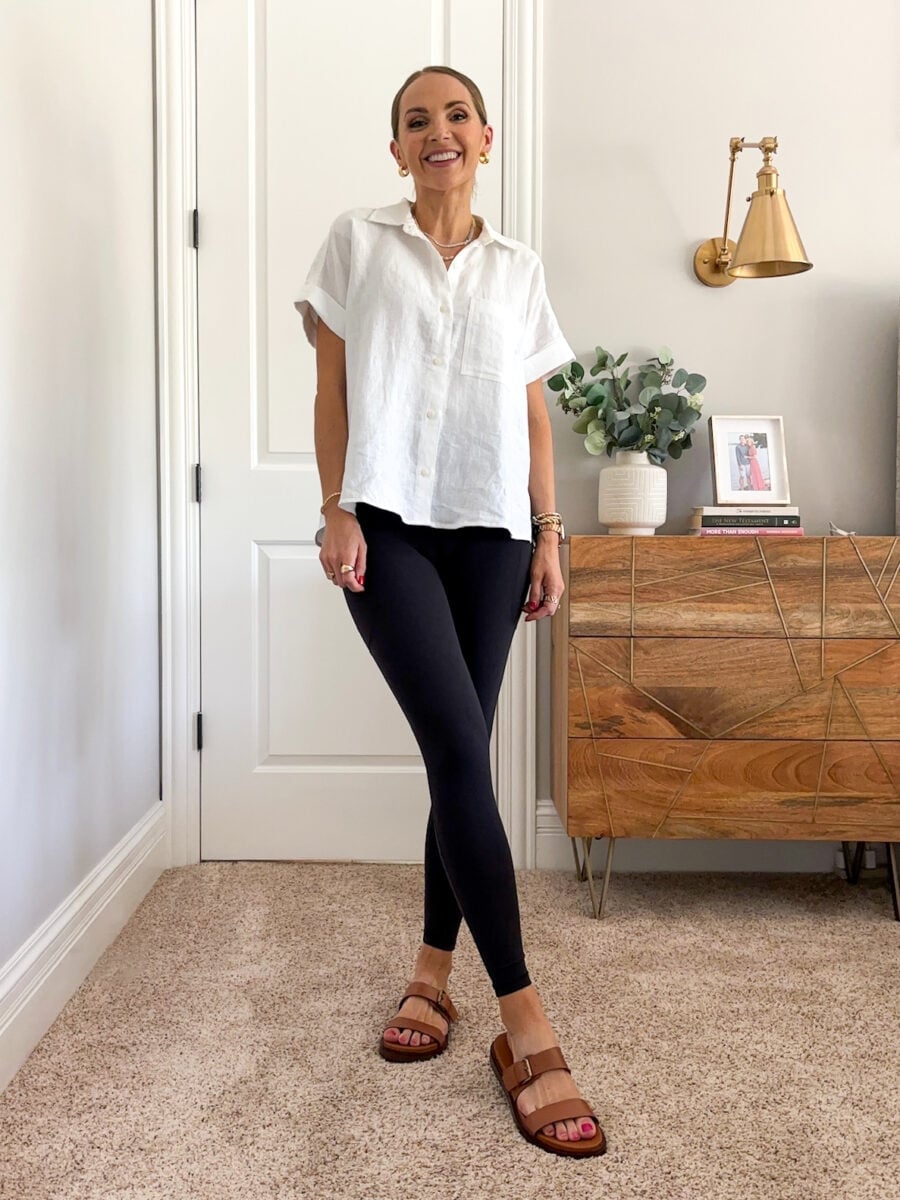 Black leggings with a white linen button-up shirt Black leggings with a white linen button-up shirt — Leggings Outfits