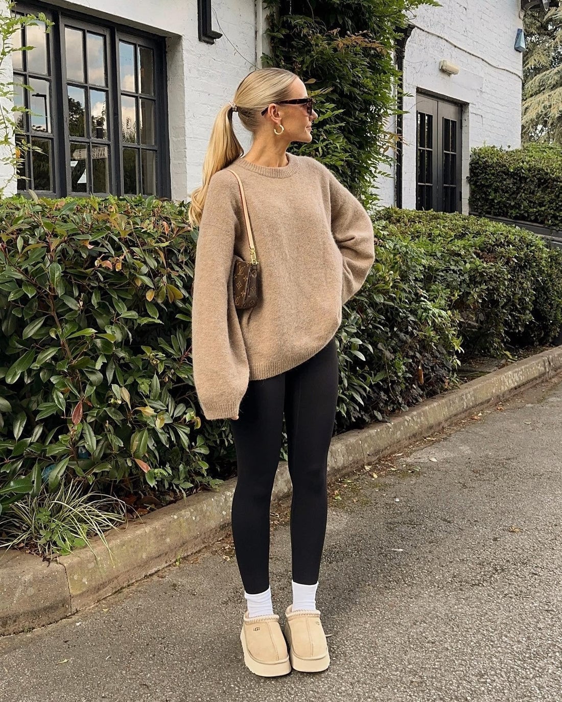 Black leggings with an oversized beige knit sweater, Knitwear Black leggings with an oversized beige knit sweater, Knitwear — Leggings Outfits