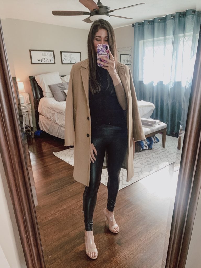 Black faux leather leggings with a tan wool coat, Clear Strap Heels Black faux leather leggings with a tan wool coat, Clear Strap Heels — Leggings Outfits