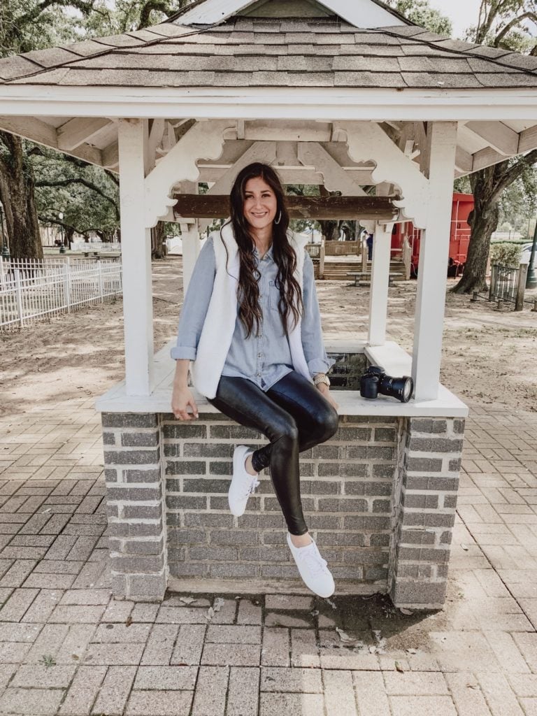 Faux leather leggings with a denim shirt and vest, Close-Up Take Faux leather leggings with a denim shirt and vest, Close-Up Take — Leggings Outfits