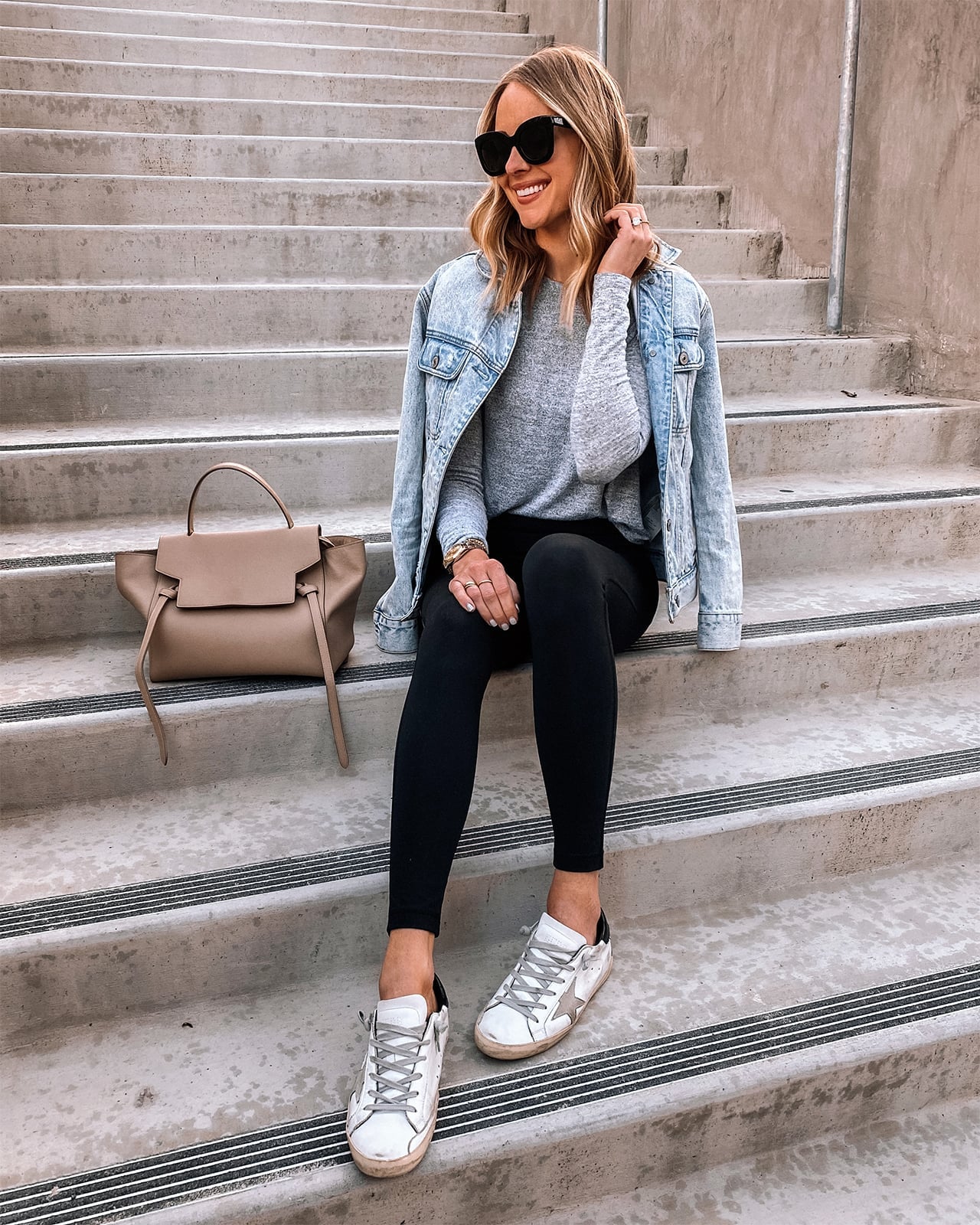 Denim Jacket With Gray Top And Leggings Denim Jacket With Gray Top And Leggings — Leggings Outfits Casual