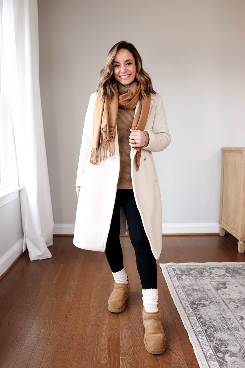 Wool Coat With Turtleneck And Leggings, Ugg-Style Boots Wool Coat With Turtleneck And Leggings, Ugg-Style Boots — Leggings Outfits Casual