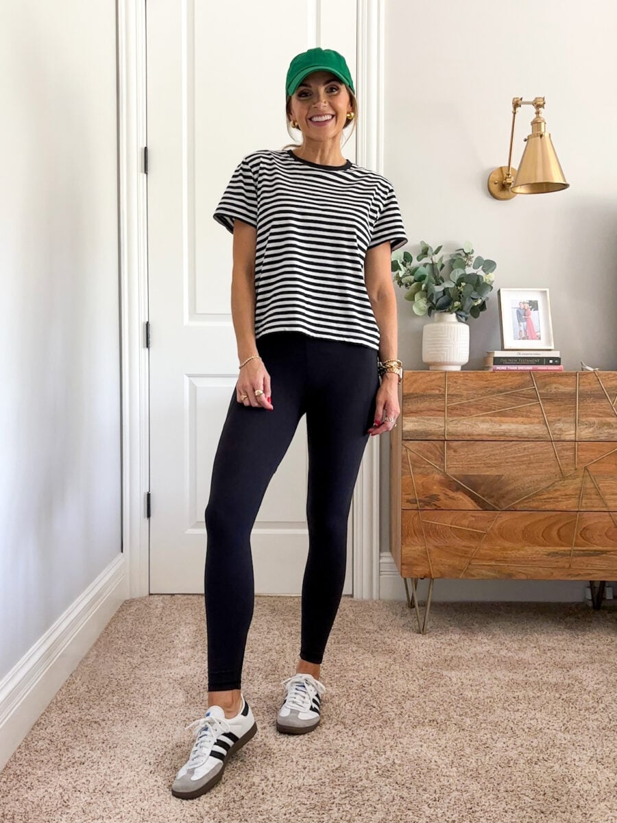 Striped T-Shirt With Baseball Cap And Leggings Striped T-Shirt With Baseball Cap And Leggings — Leggings Outfits Casual
