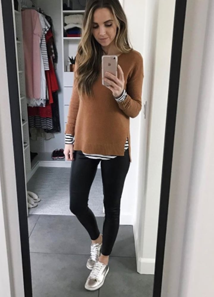 Metallic Sneakers With Faux Leather Leggings And Knit Sweater Metallic Sneakers With Faux Leather Leggings And Knit Sweater — Leggings Outfits Casual