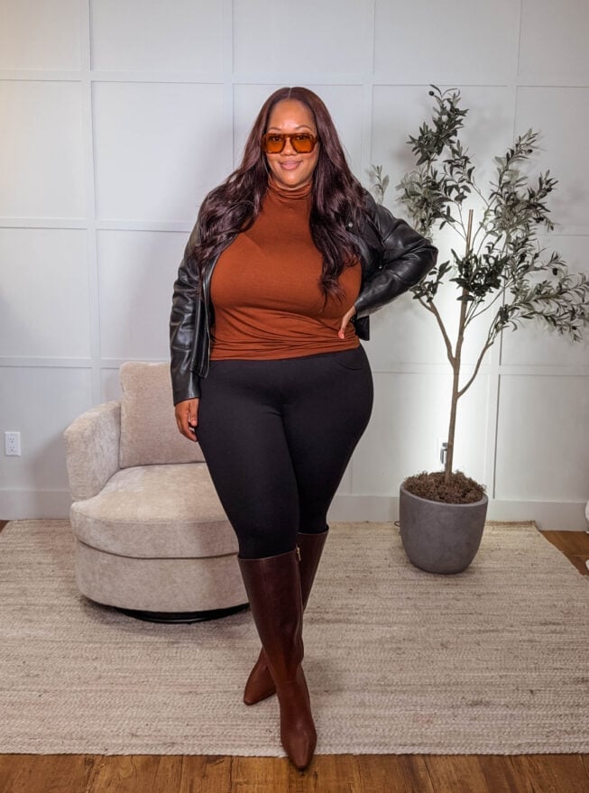 Leather Jacket With Turtleneck And Leggings Leather Jacket With Turtleneck And Leggings — Leggings Outfits Casual