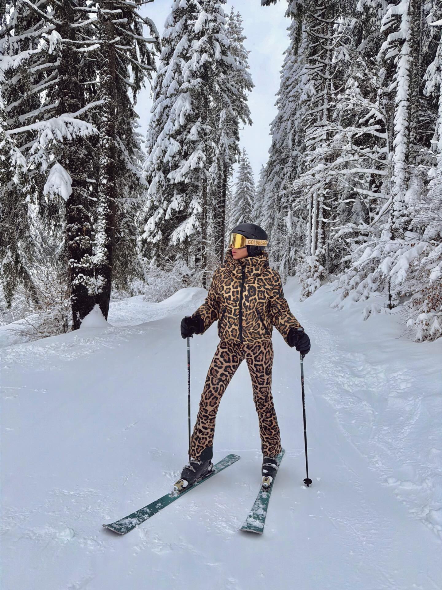 Leopard Print Ski Suit With Gold Goggles