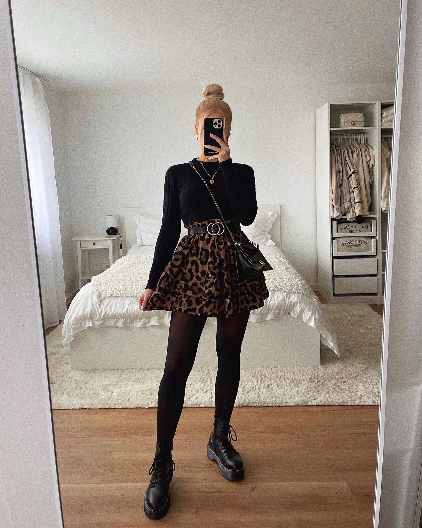 Leopard Print Skirt With Black Boots And Sweater