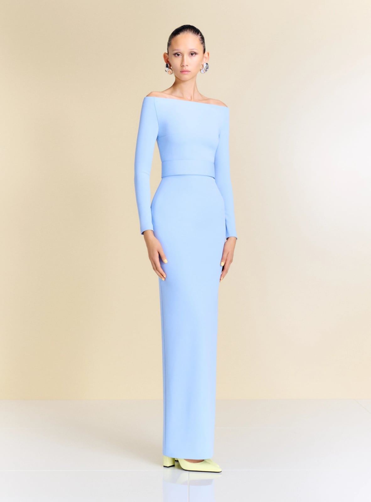 Off-shoulder fitted maxi dress with statement earrings Off-shoulder fitted maxi dress with statement earrings — Light Blue Dress