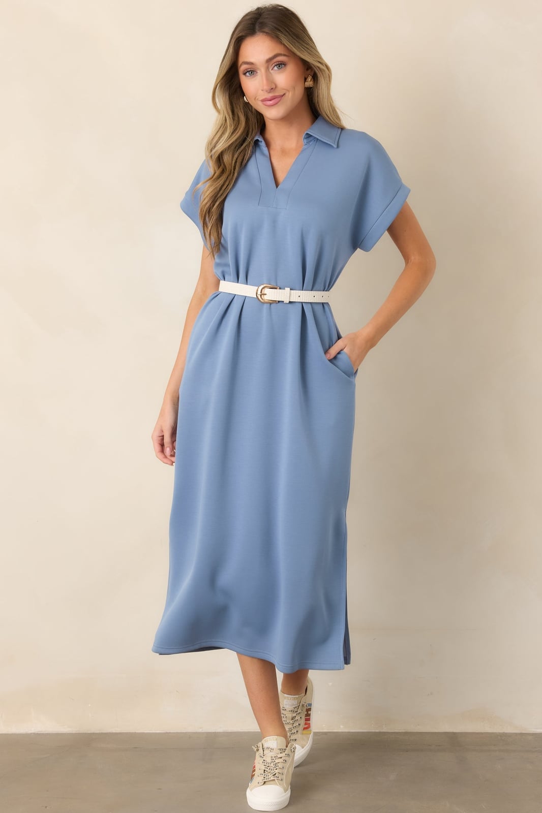 Blue short-sleeved polo collar midi shift dress Blue short-sleeved polo collar midi shift dress — Light Blue Dress