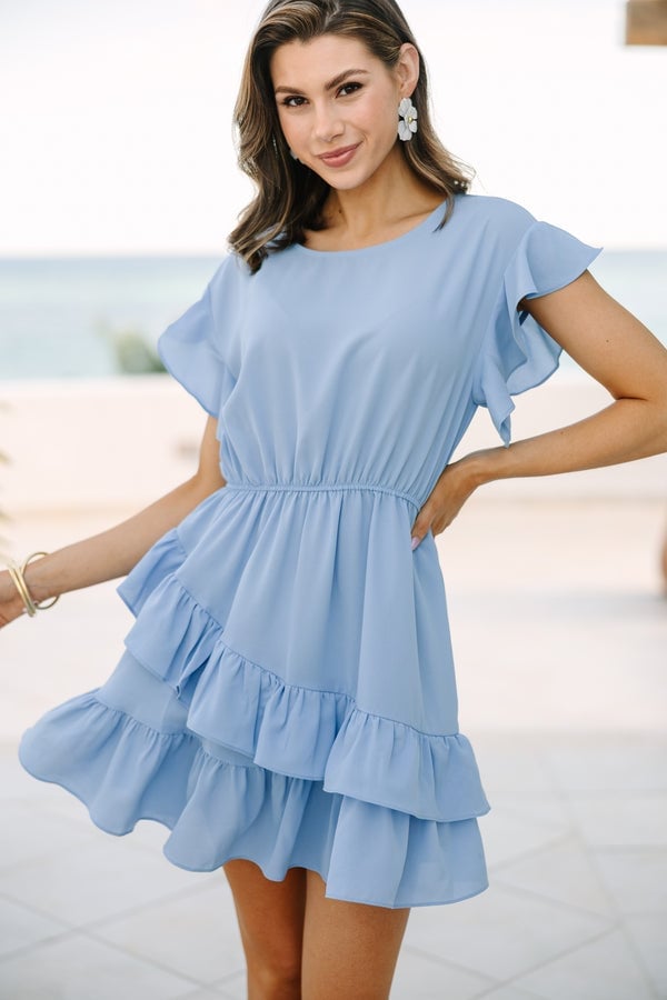 Light blue fit and flare dress with tiered ruffles Light blue fit and flare dress with tiered ruffles — Light Blue Dress