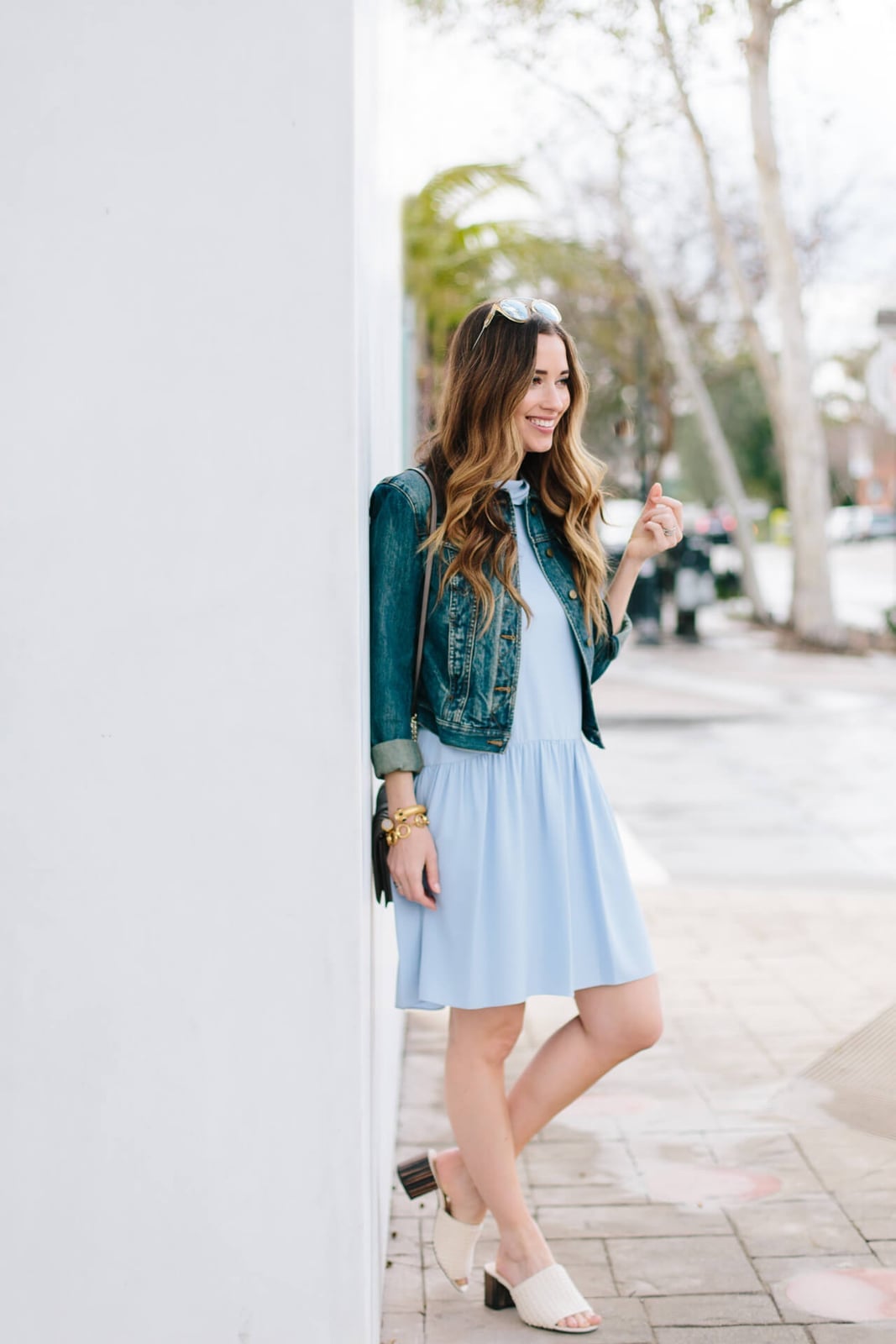 Light blue a-line dress layered with denim jacket Light blue a-line dress layered with denim jacket — Light Blue Dress