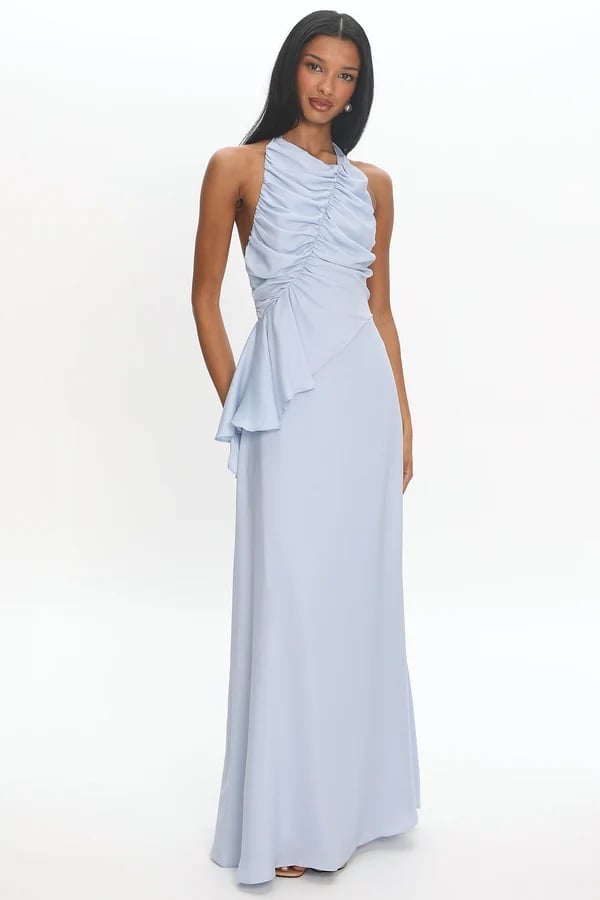 Solid light blue crepe maxi dress with draped halterneck Solid light blue crepe maxi dress with draped halterneck — Light Blue Dress