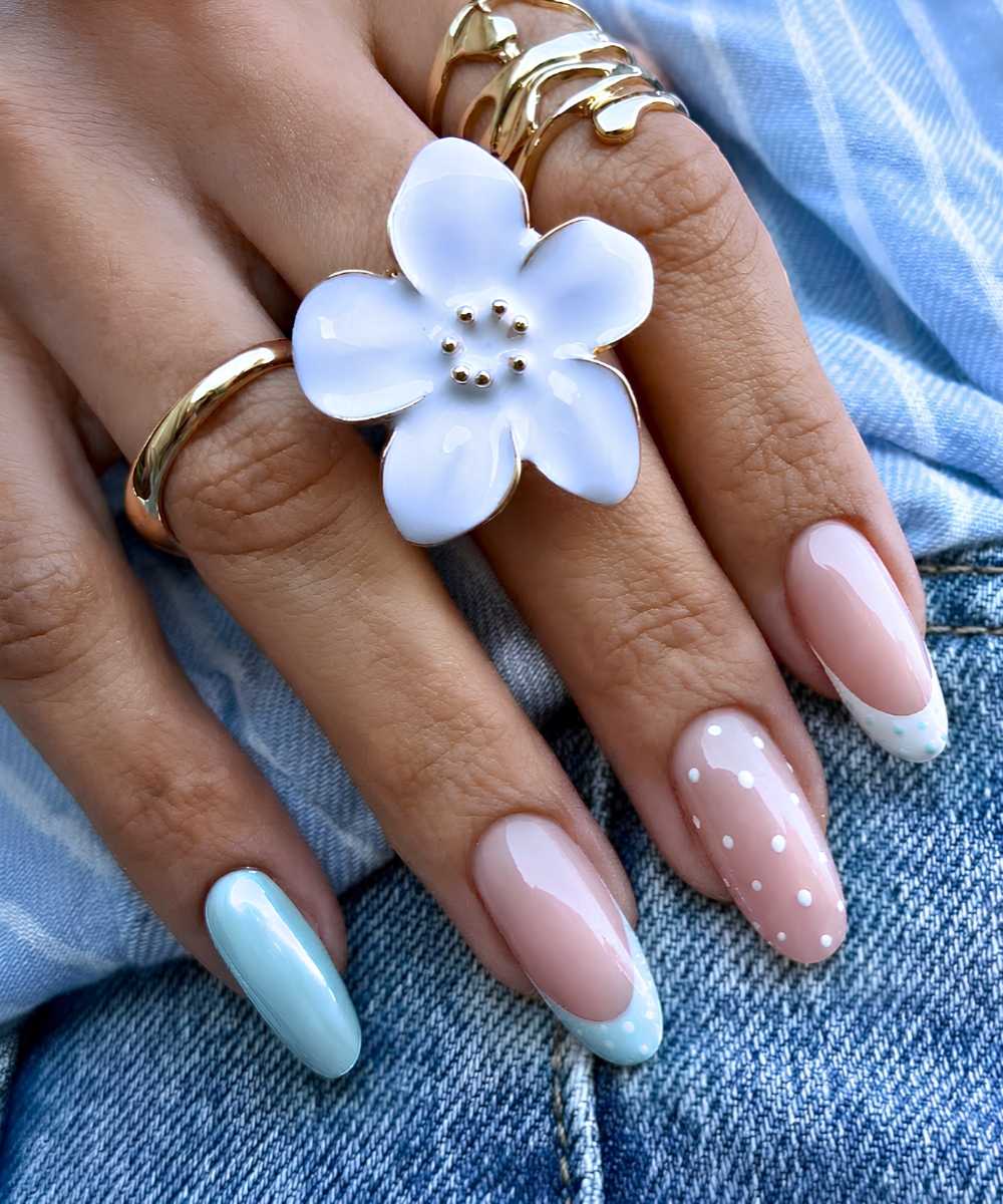 Sheer Pink Blue French Polka Dot Oval Nails Sheer Pink Blue French Polka Dot Oval Nails — Light Nails