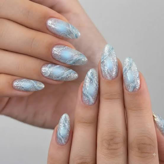 Aurora Shimmer Swirl Almond Nails Aurora Shimmer Swirl Almond Nails — Light Nails