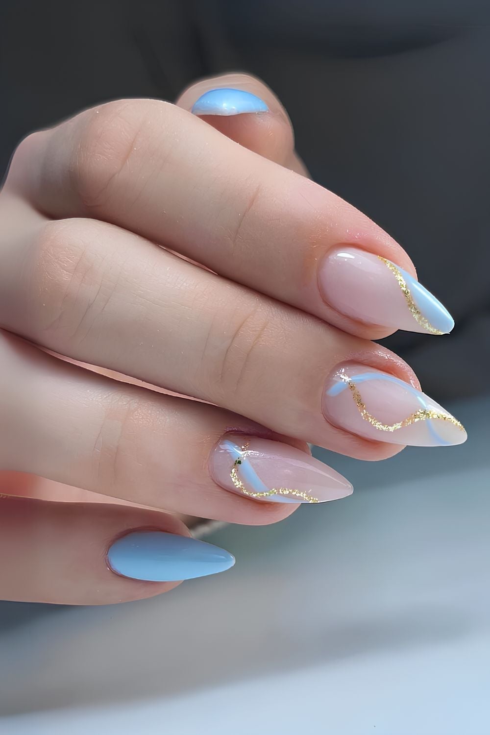 Sheer Nude Light Blue Gold Glitter Almond Nails Sheer Nude Light Blue Gold Glitter Almond Nails — Light Nails