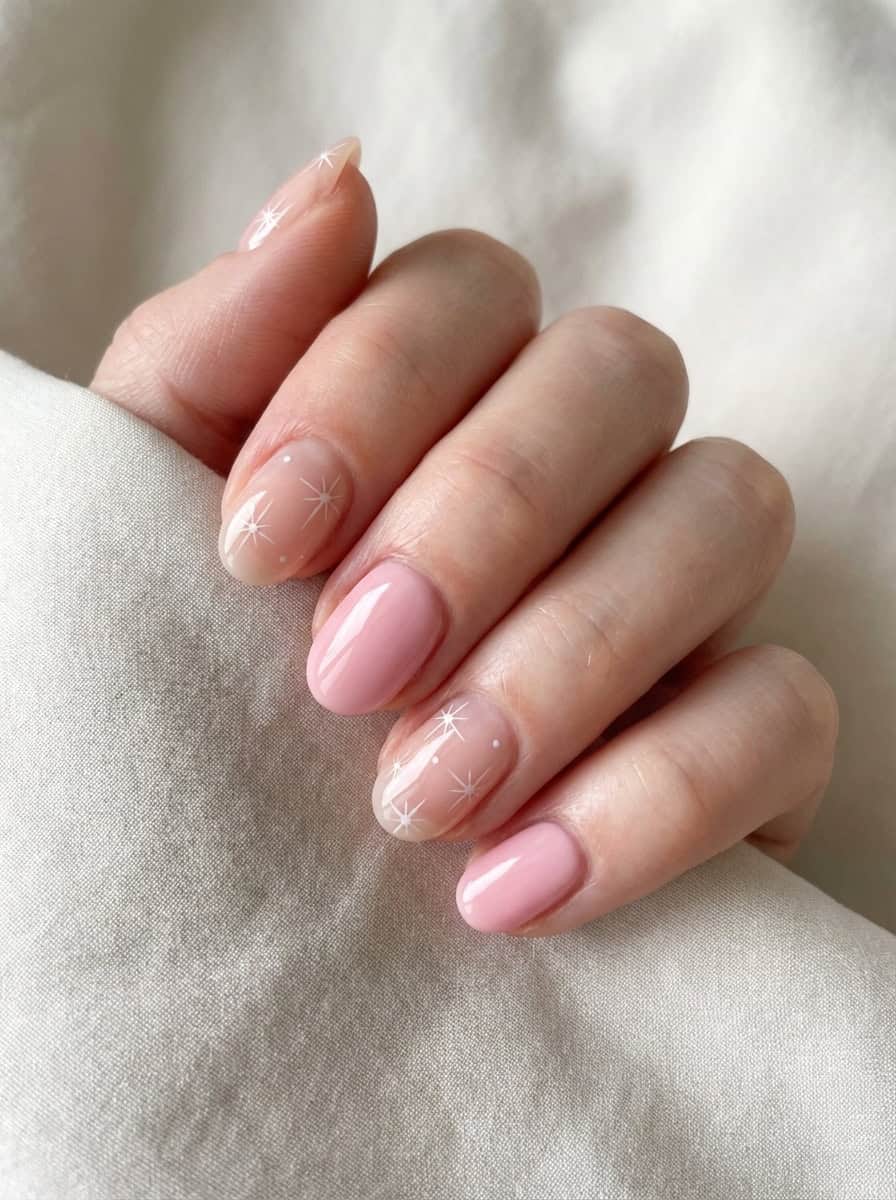 Light Pink Oval Nails With White Starburst Design Light Pink Oval Nails With White Starburst Design — Light Pink Nails