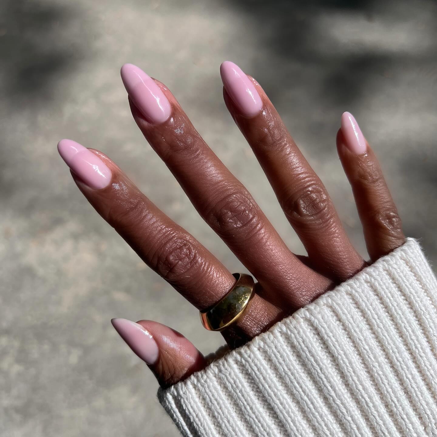 Opaque Light Pink Glossy Medium Almond Nails, Close-Up Take Opaque Light Pink Glossy Medium Almond Nails, Close-Up Take — Light Pink Nails