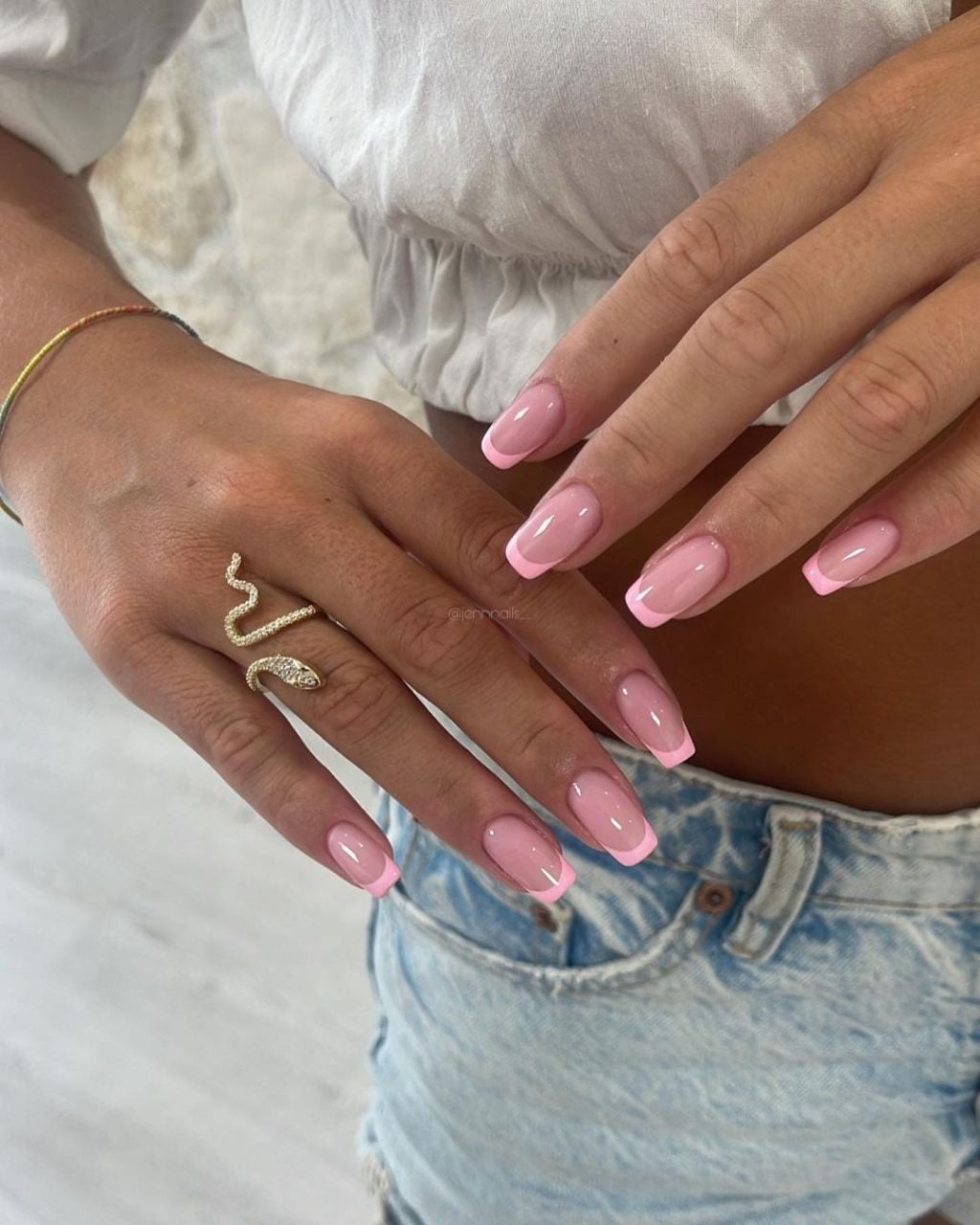Sheer Pink Base Light Pink Tip Medium Square French Sheer Pink Base Light Pink Tip Medium Square French — Light Pink Nails