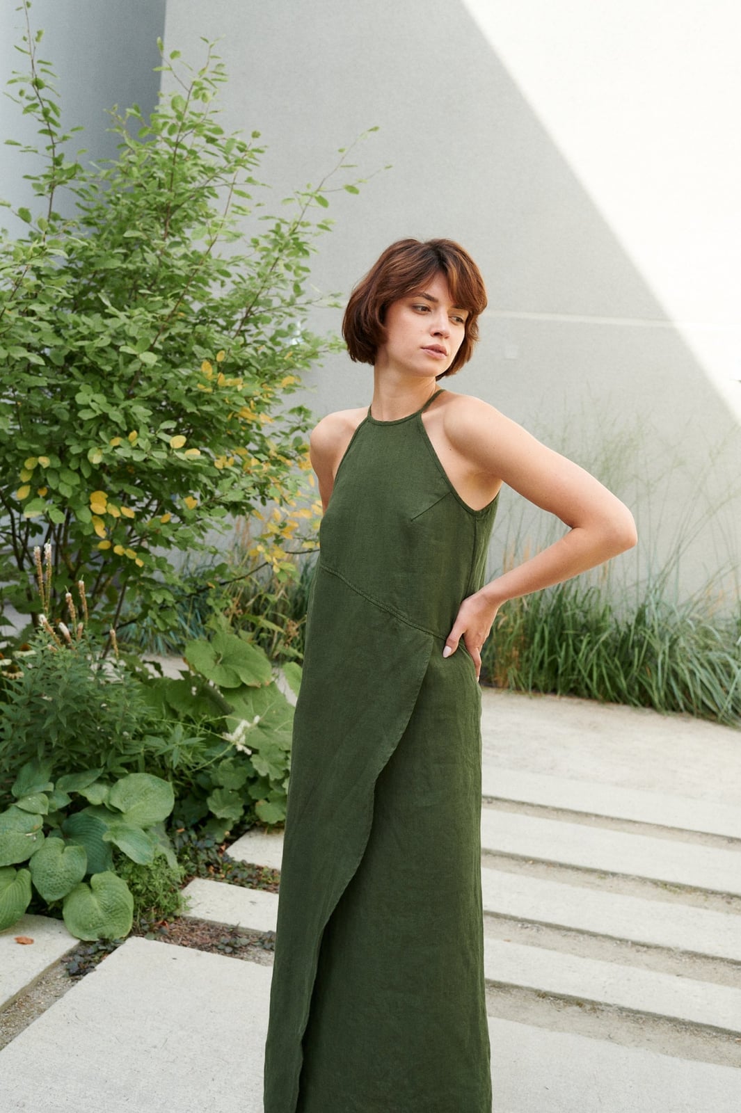 Green linen halter neck wrap dress Green linen halter neck wrap dress — Linen Dress