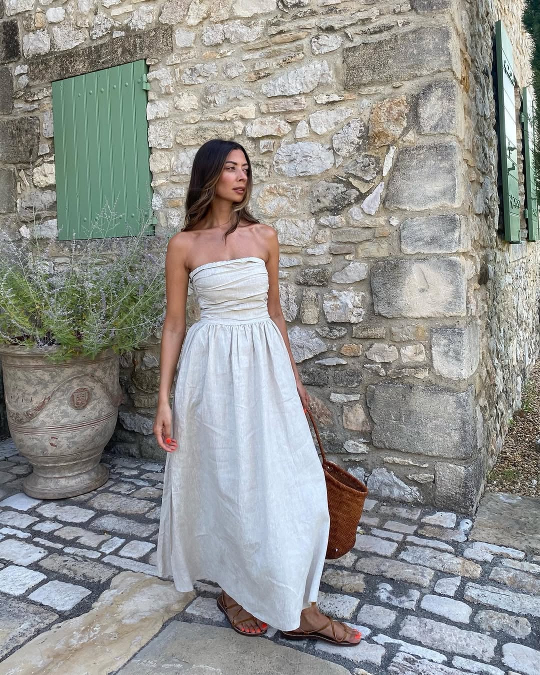 Beige strapless linen maxi dress with empire waist Beige strapless linen maxi dress with empire waist — Linen Dress