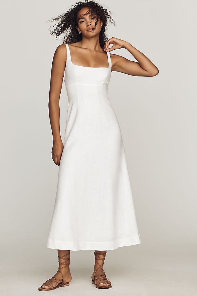 White sleeveless linen midi dress with square neckline White sleeveless linen midi dress with square neckline — Linen Dress