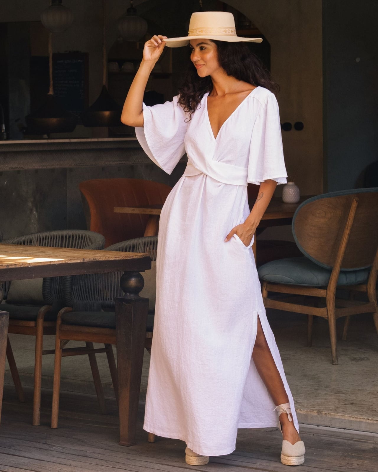 White long-sleeved linen wrap maxi dress with side slit White long-sleeved linen wrap maxi dress with side slit — Linen Dress