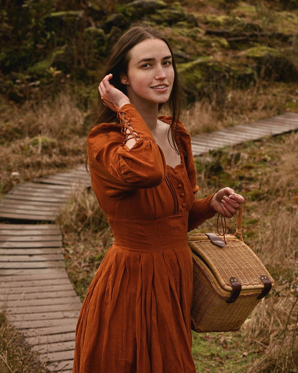 Burnt orange linen midi dress with button front Burnt orange linen midi dress with button front — Linen Dress