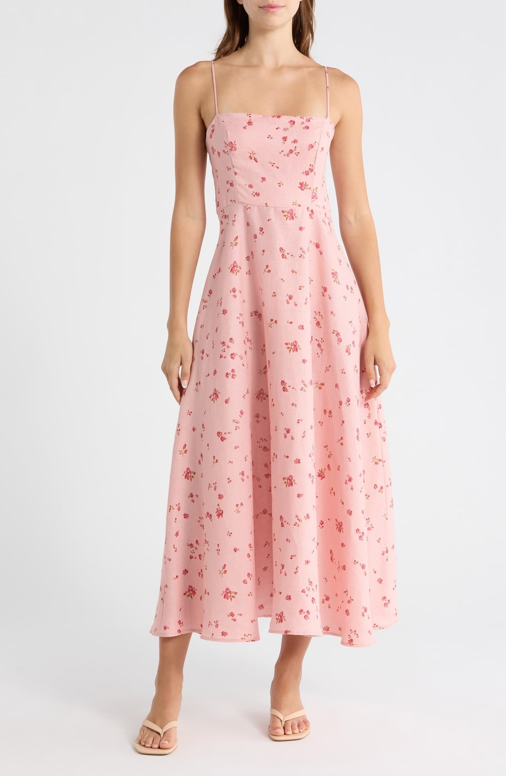 Pink floral linen midi dress Pink floral linen midi dress — Linen Dress