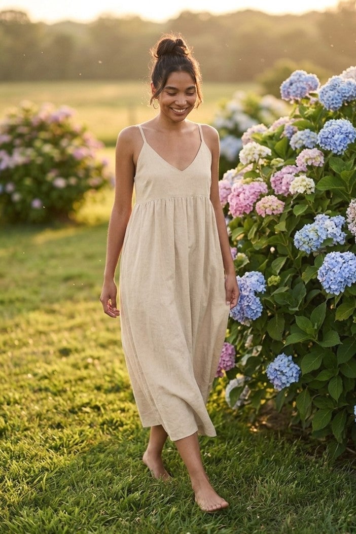 Beige spaghetti strap linen midi dress Beige spaghetti strap linen midi dress — Linen Dress