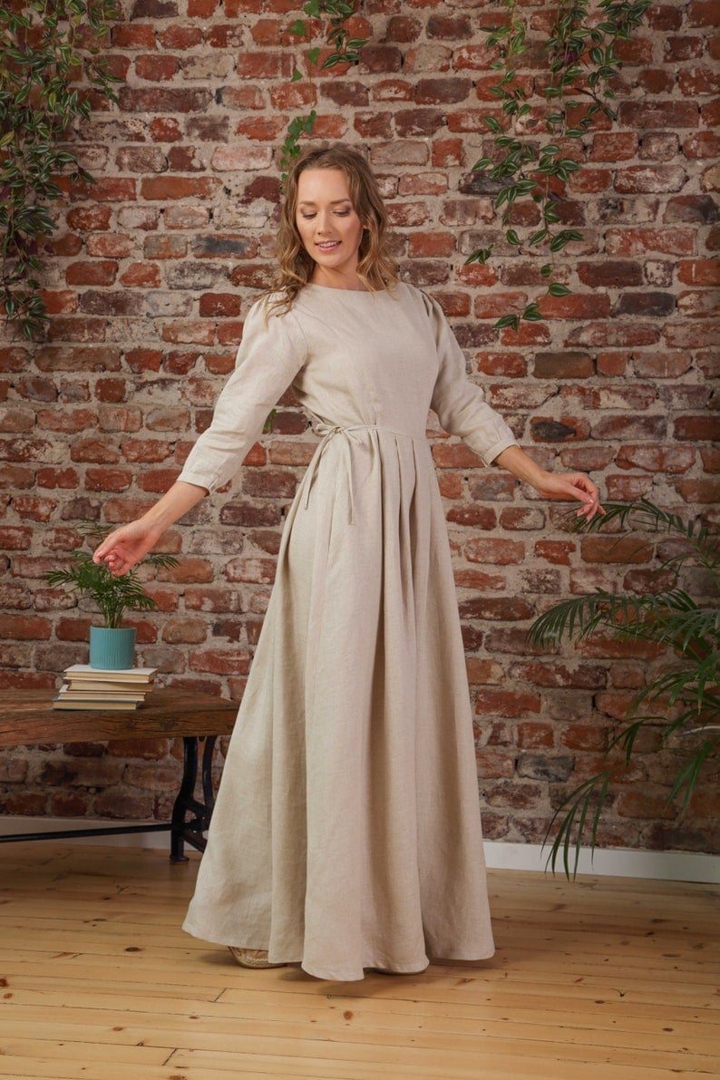 Beige long-sleeved linen midi dress with tie waist Beige long-sleeved linen midi dress with tie waist — Linen Dress