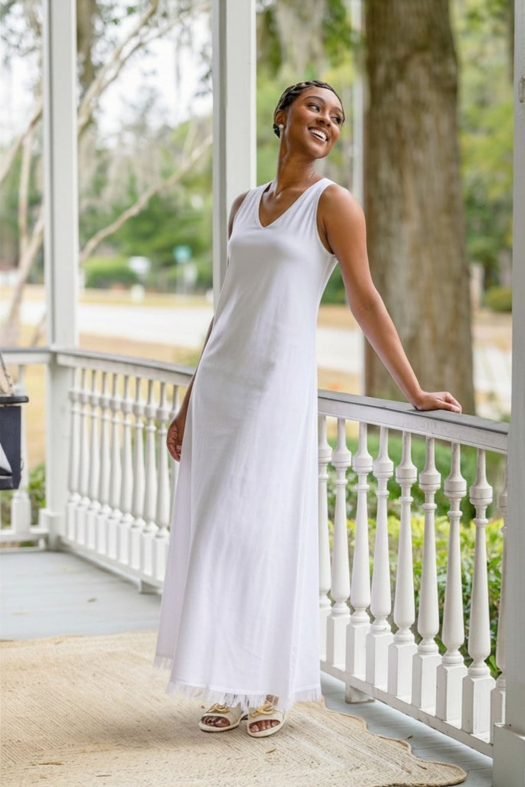 White sleeveless linen maxi dress with fringed hem, Close-Up Take White sleeveless linen maxi dress with fringed hem, Close-Up Take — Linen Dress