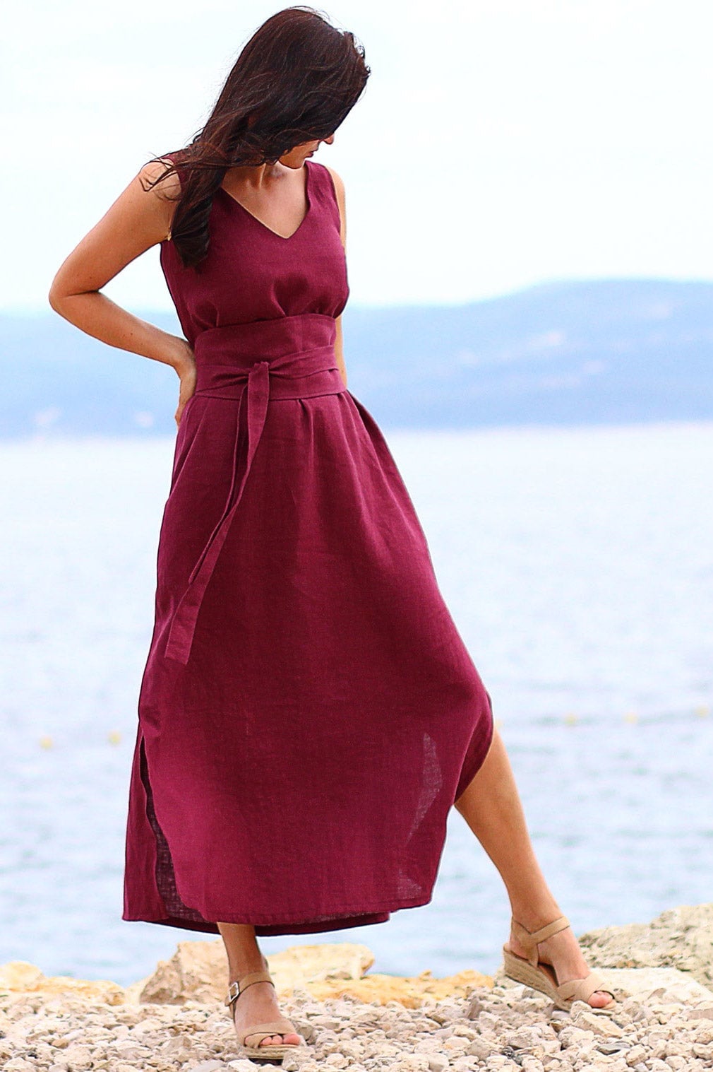 Deep red sleeveless linen midi dress with side slits, Close-Up Take Deep red sleeveless linen midi dress with side slits, Close-Up Take — Linen Dress