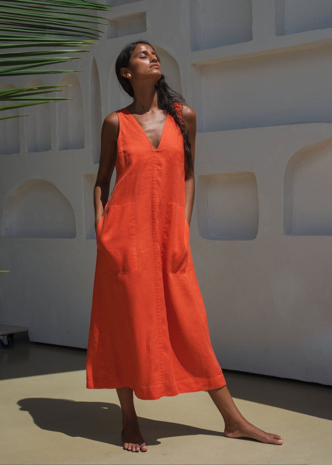 Bright orange sleeveless linen midi dress with pockets Bright orange sleeveless linen midi dress with pockets — Linen Dress