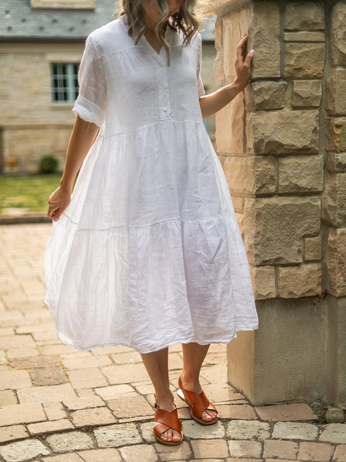 White short-sleeved tiered linen midi dress White short-sleeved tiered linen midi dress — Linen Dress