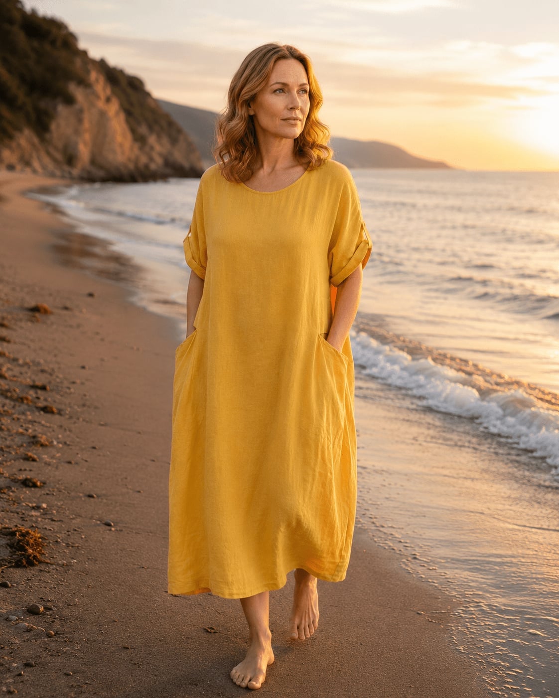 Yellow linen dress with oversized pockets Yellow linen dress with oversized pockets