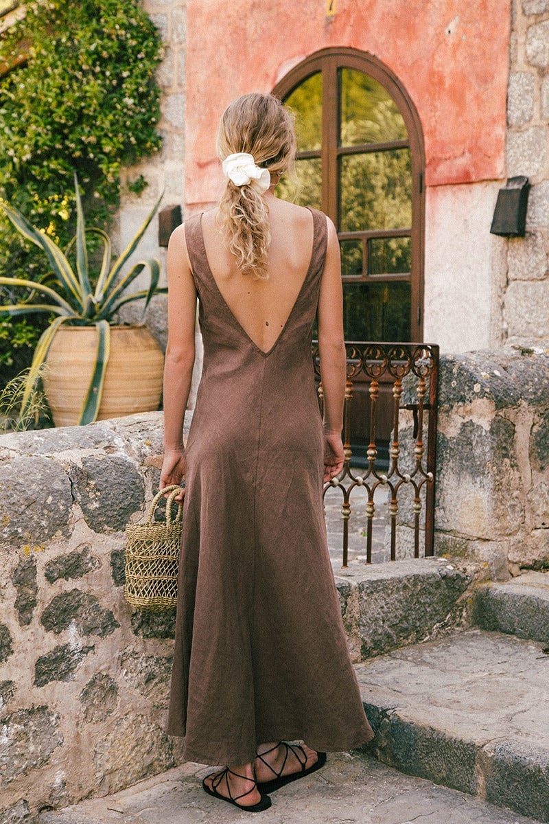Mocha-brown bias-cut linen midi dress Mocha-brown bias-cut linen midi dress — Linen Dress
