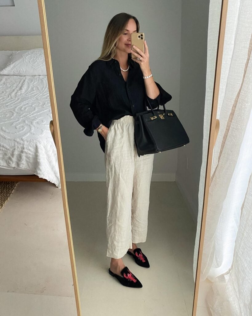 Beige linen pants with an oversized black linen shirt and lobster Beige linen pants with an oversized black linen shirt and lobster — Linen Pants Outfits