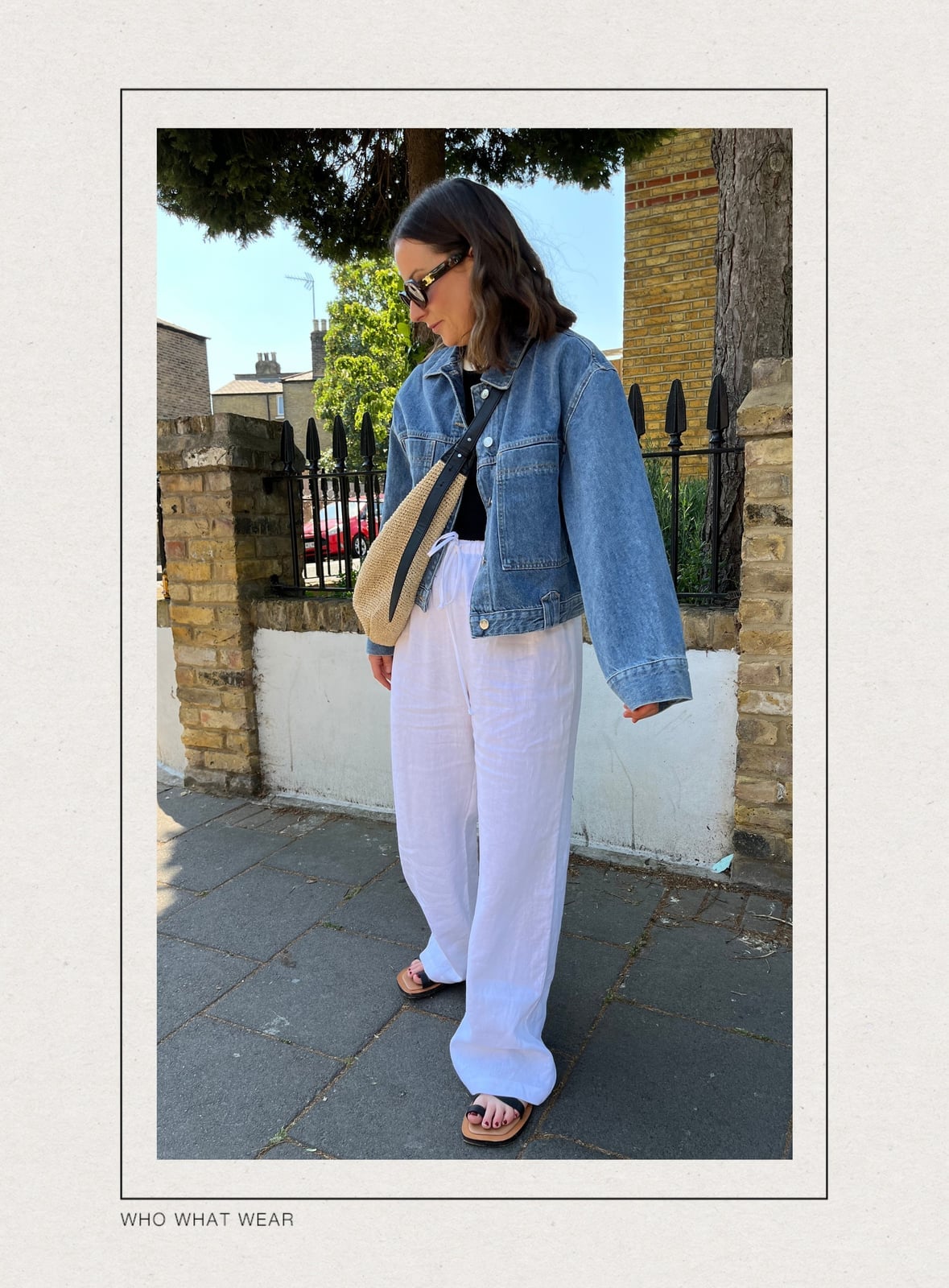 White wide-leg linen pants with a black tee and blue denim jacket White wide-leg linen pants with a black tee and blue denim jacket — Linen Pants Outfits