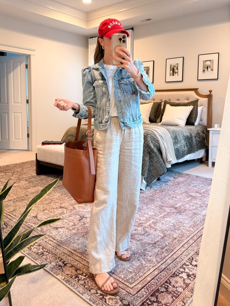 Linen pants with a white tee, denim jacket, and red cap Linen pants with a white tee, denim jacket, and red cap — Linen Pants Outfits