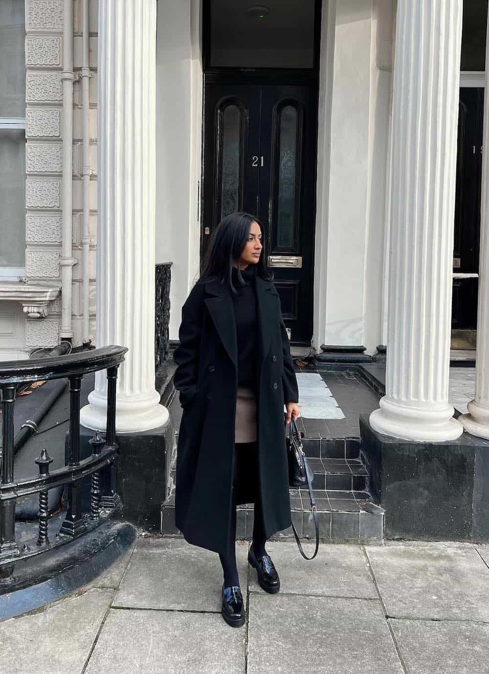 Wool Coat Midi Skirt With Patent Loafers, She Carries A Black Handbag Wool Coat Midi Skirt With Patent Loafers, She Carries A Black Handbag — Loafer Outfits