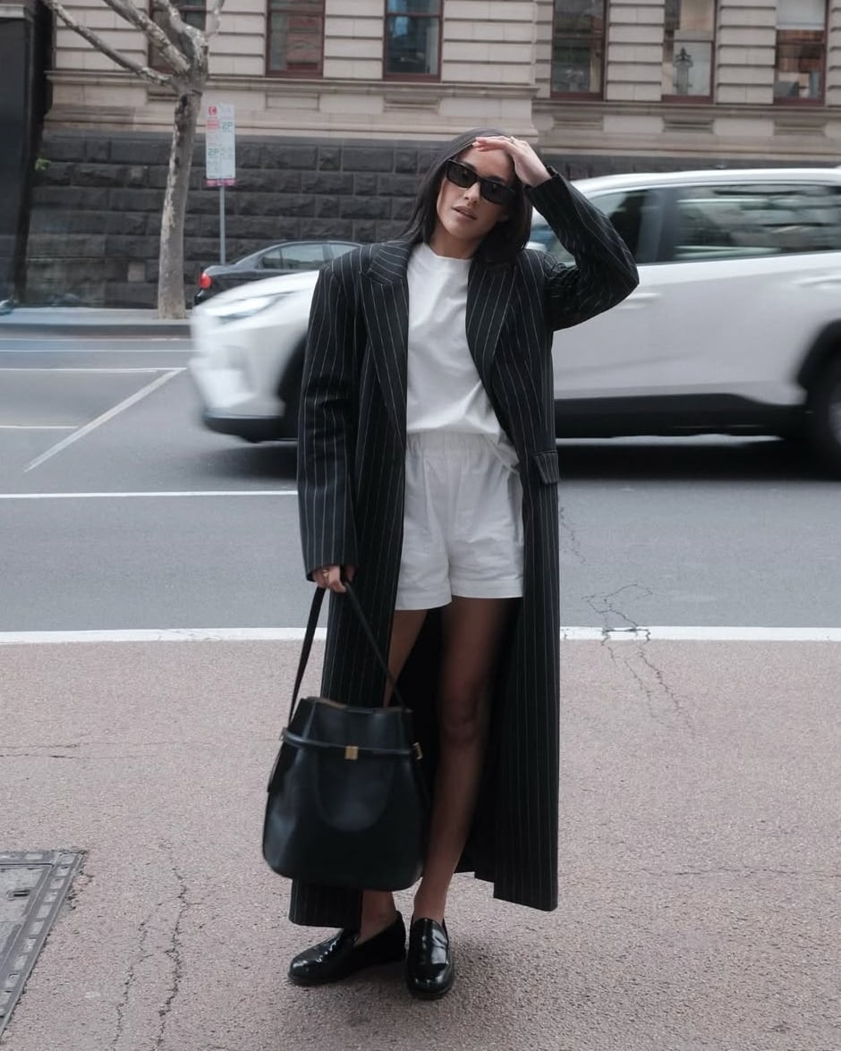 Pinstripe Coat White Shorts With Black Loafers Pinstripe Coat White Shorts With Black Loafers — Loafer Outfits