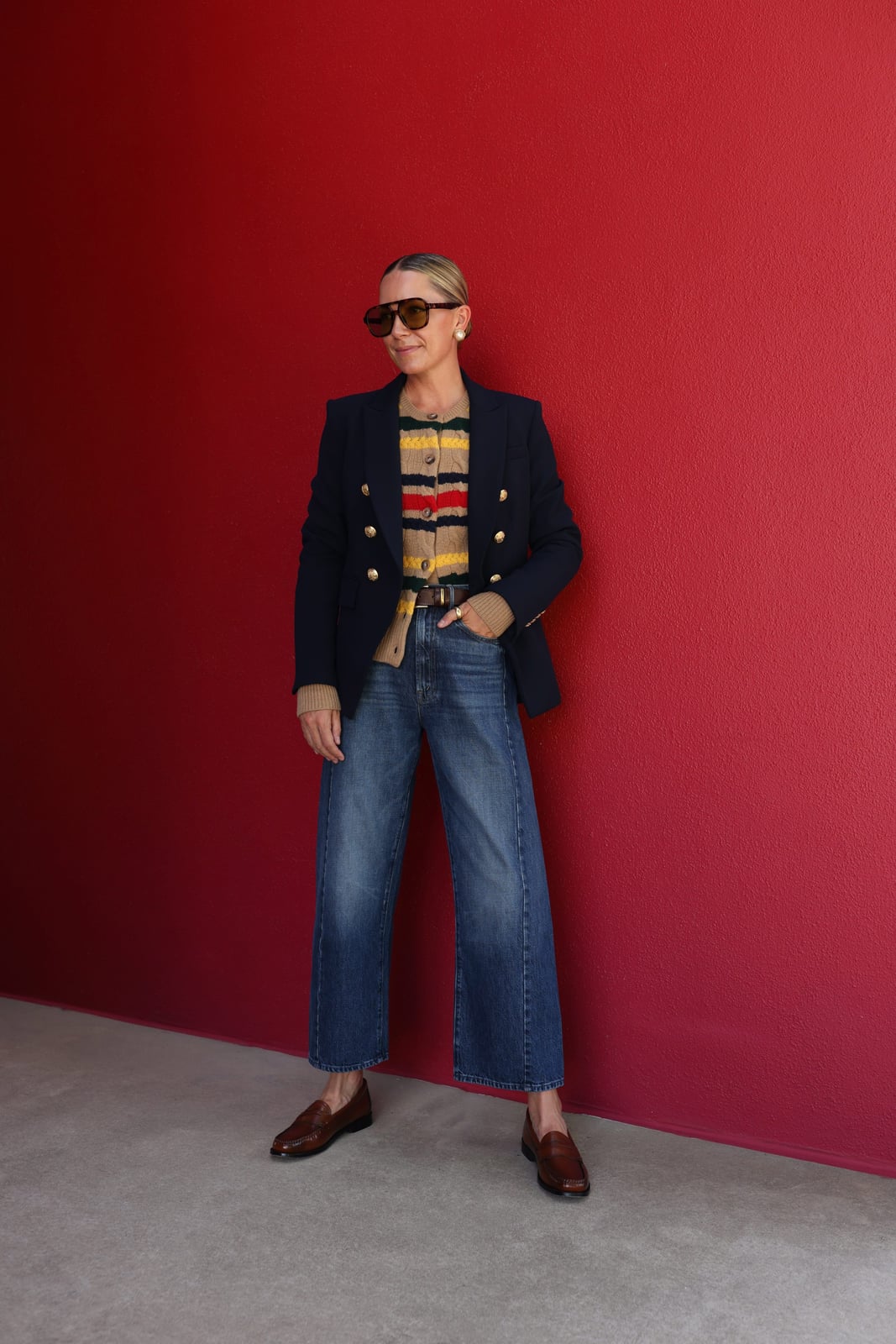 Striped Cardigan Blazer Wide Leg Jeans, Office-Safe Version Striped Cardigan Blazer Wide Leg Jeans, Office-Safe Version — Loafer Outfits