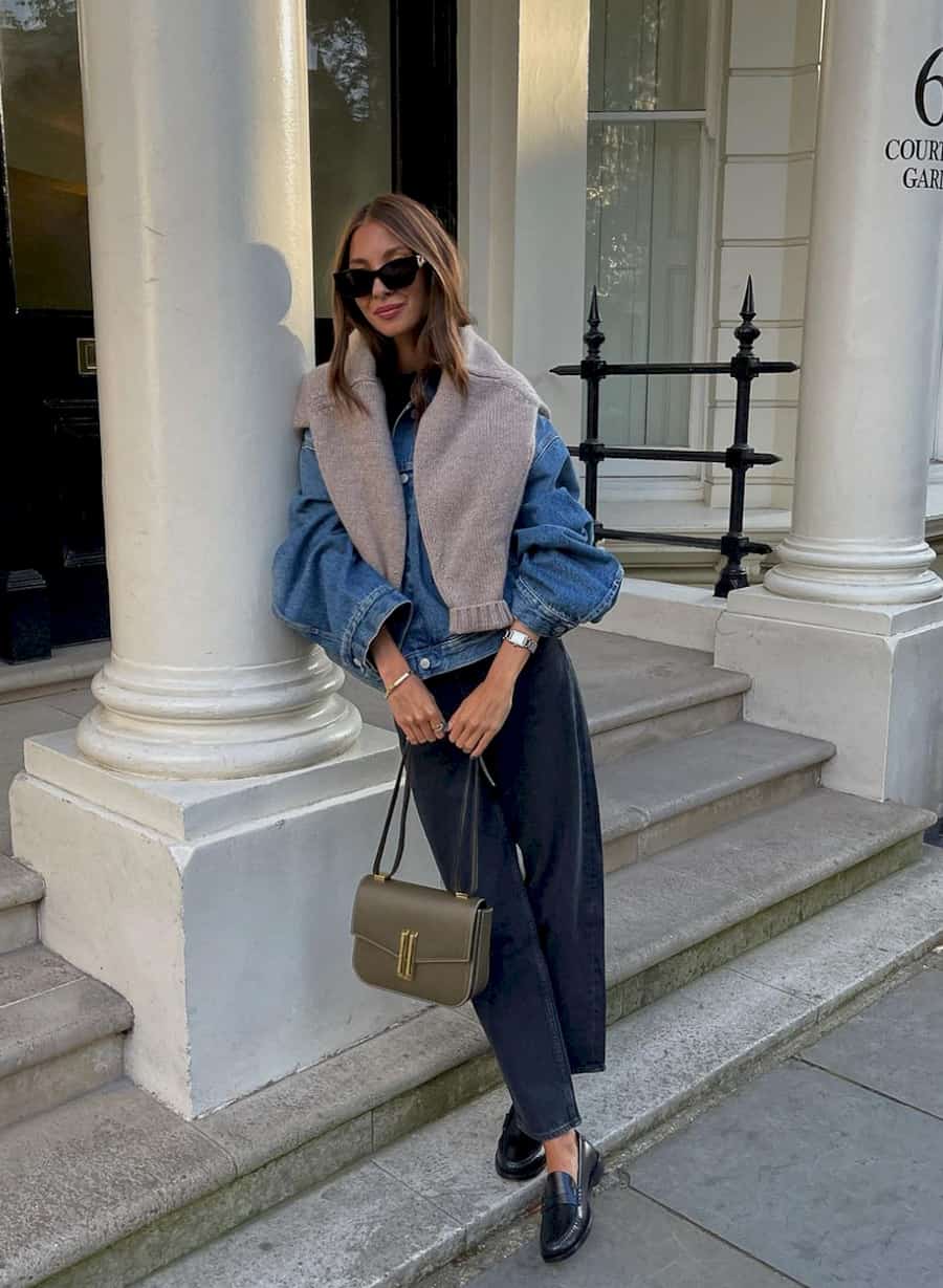 Denim Jacket Shawl Collar Wide Leg Jeans With Loafers Denim Jacket Shawl Collar Wide Leg Jeans With Loafers — Loafer Outfits