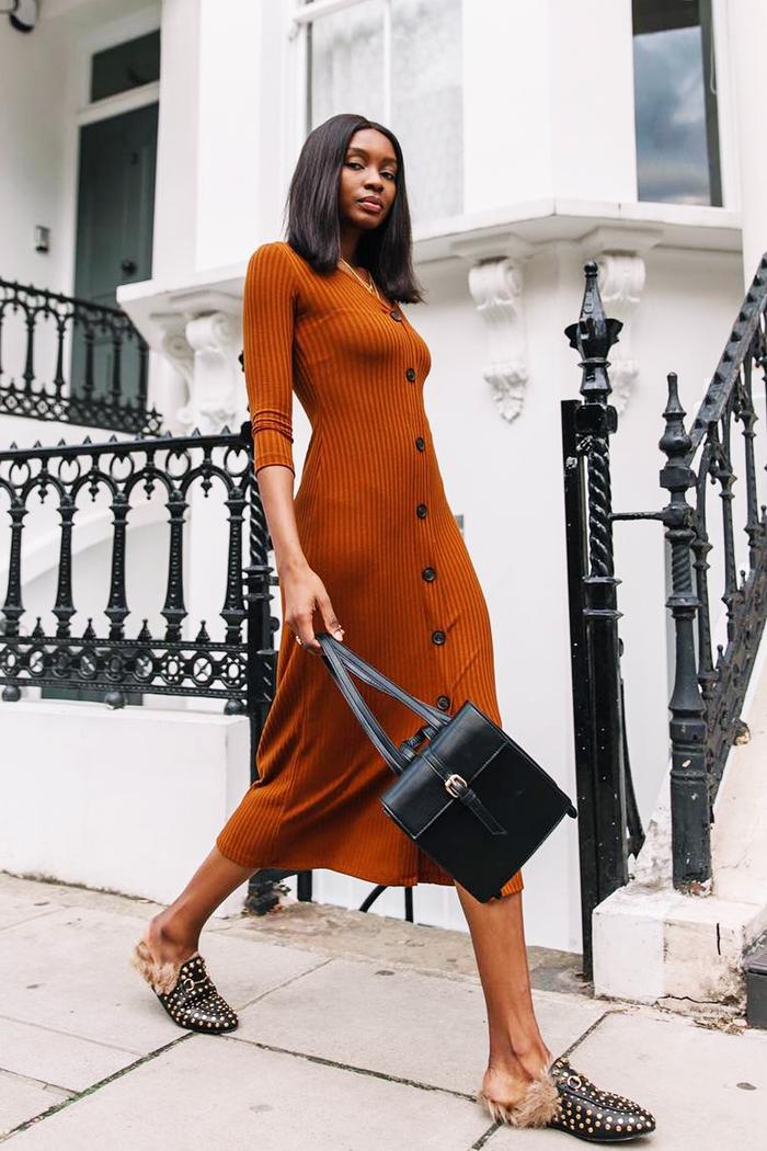 Ribbed Knit Dress With Fur Trimmed Loafers Ribbed Knit Dress With Fur Trimmed Loafers — Loafer Outfits