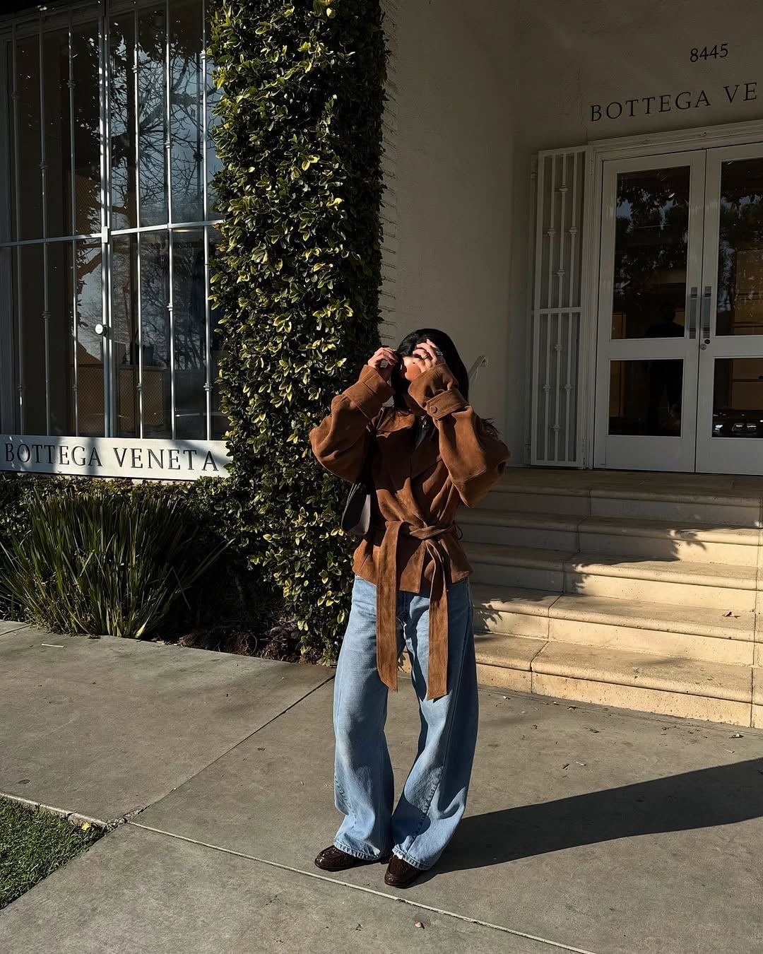 Belted Suede Jacket Wide Leg Jeans With Brown Loafers, Close-Up Take Belted Suede Jacket Wide Leg Jeans With Brown Loafers, Close-Up Take — Loafer Outfits