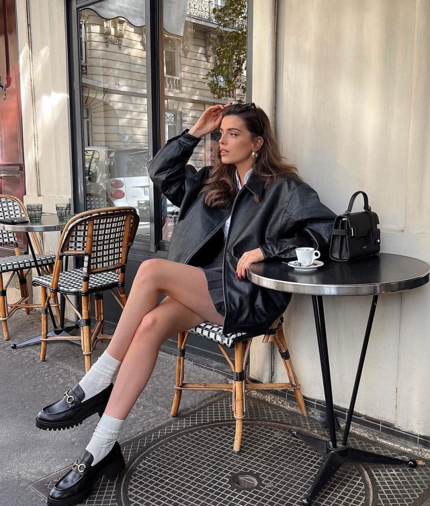 Leather Jacket Mini Skirt With Chunky Loafers Leather Jacket Mini Skirt With Chunky Loafers — Loafer Outfits