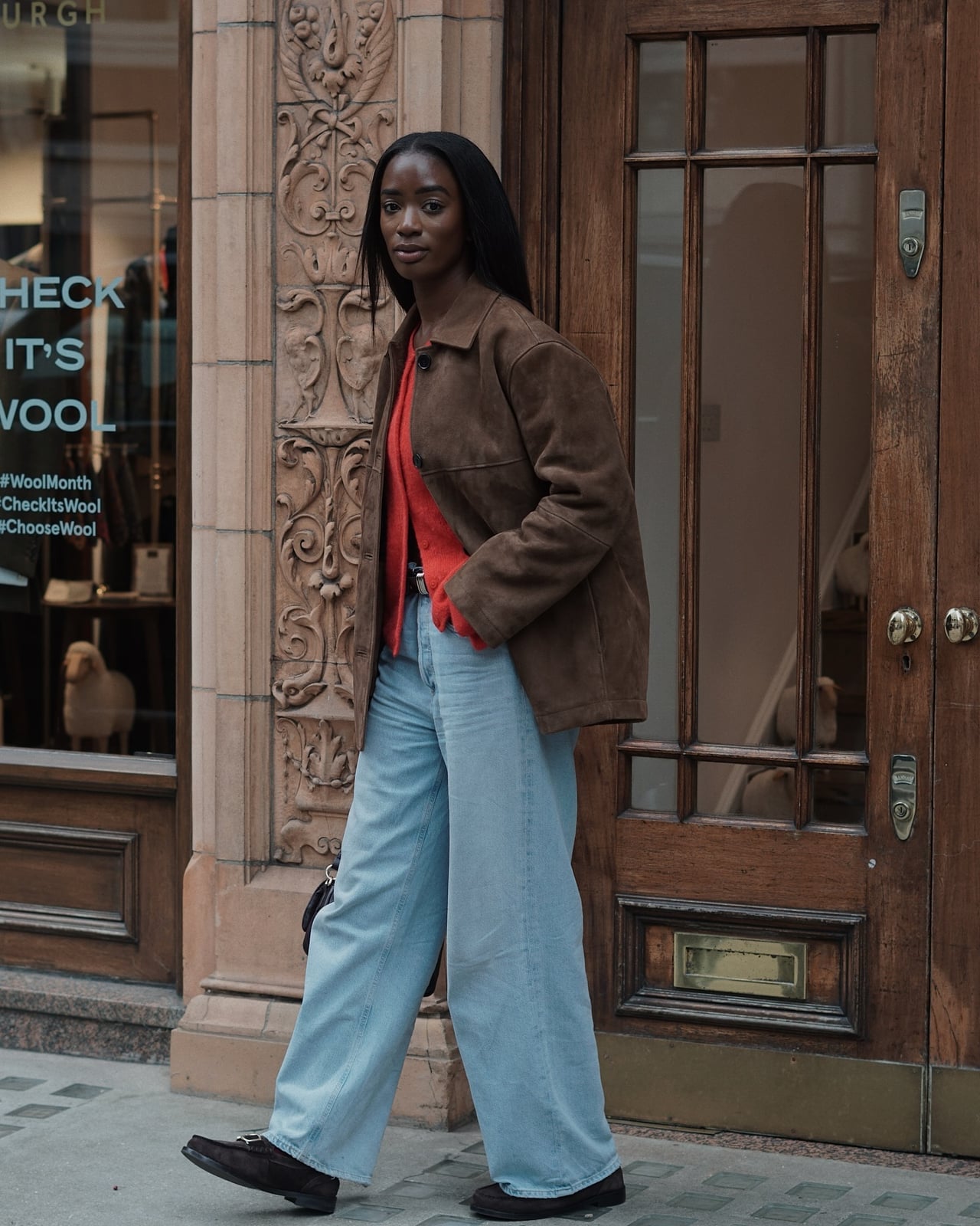 Suede Jacket Wide Leg Jeans With Dark Loafers Suede Jacket Wide Leg Jeans With Dark Loafers — Loafer Outfits
