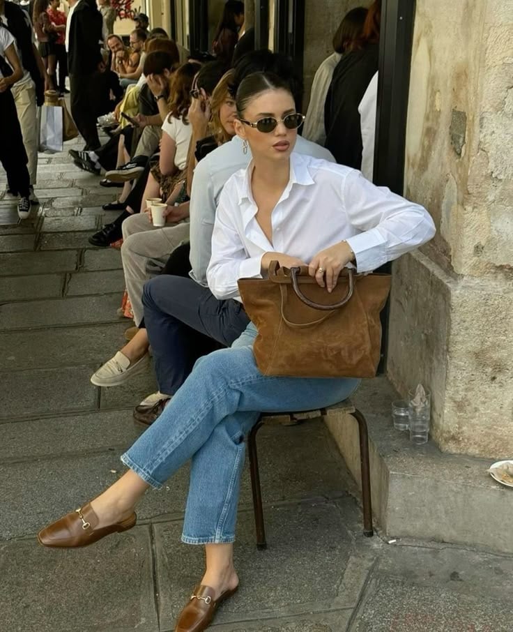 Snaffle Loafers With Straight Leg Jeans, Brown Suede Tote Bag Snaffle Loafers With Straight Leg Jeans, Brown Suede Tote Bag — Loafer Outfits