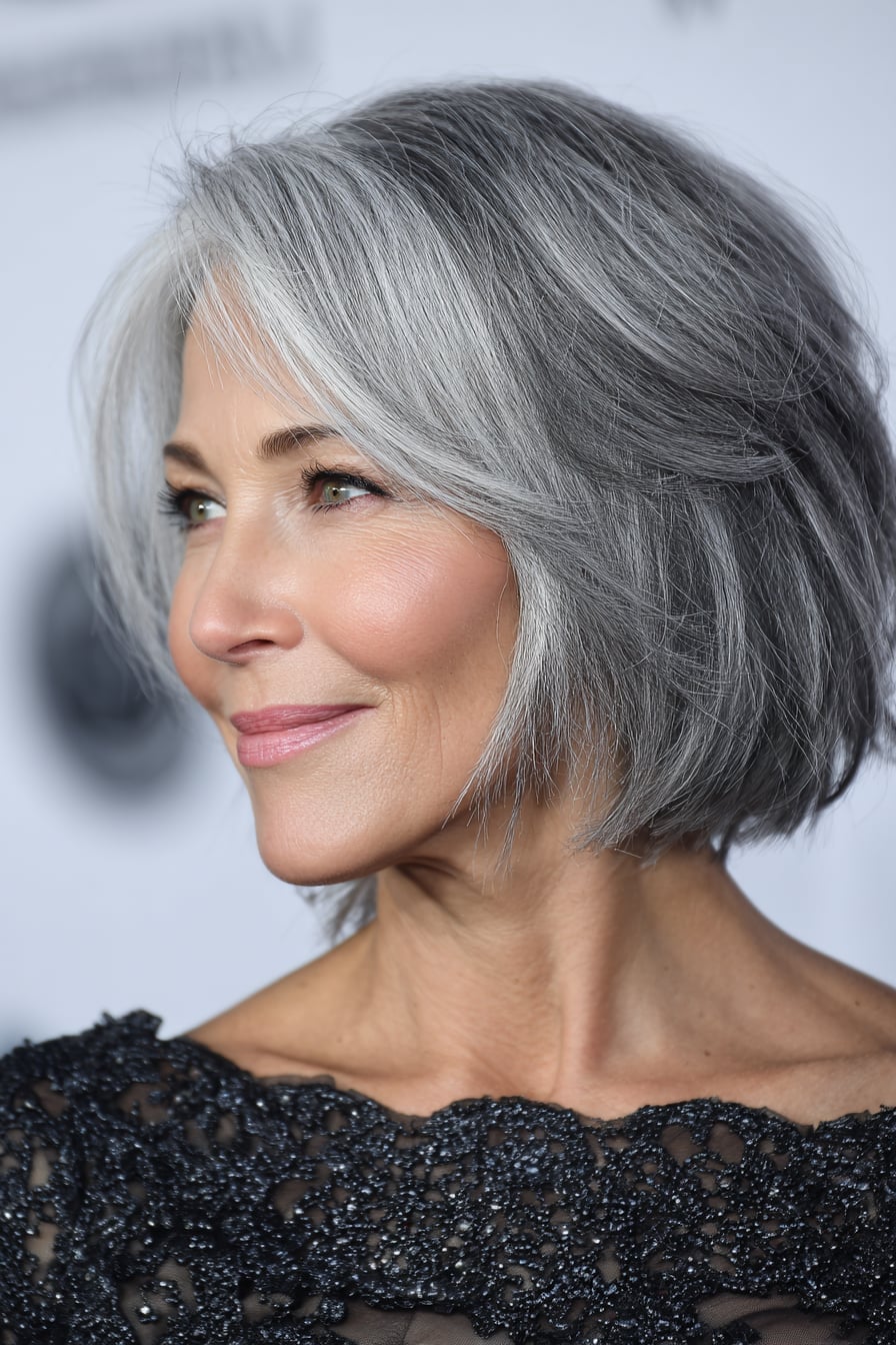 Silver Gray Bob With Side-Swept Bangs Silver Gray Bob With Side-Swept Bangs — Lob Haircut