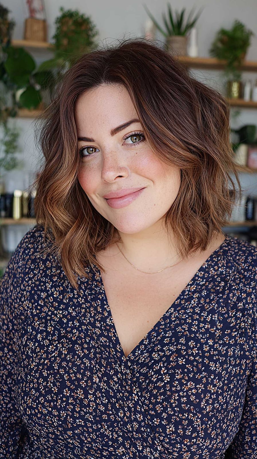 Medium Brown Lob With Textured Waves And Curtain Bangs, Close-Up Take Medium Brown Lob With Textured Waves And Curtain Bangs, Close-Up Take — Lob Haircut
